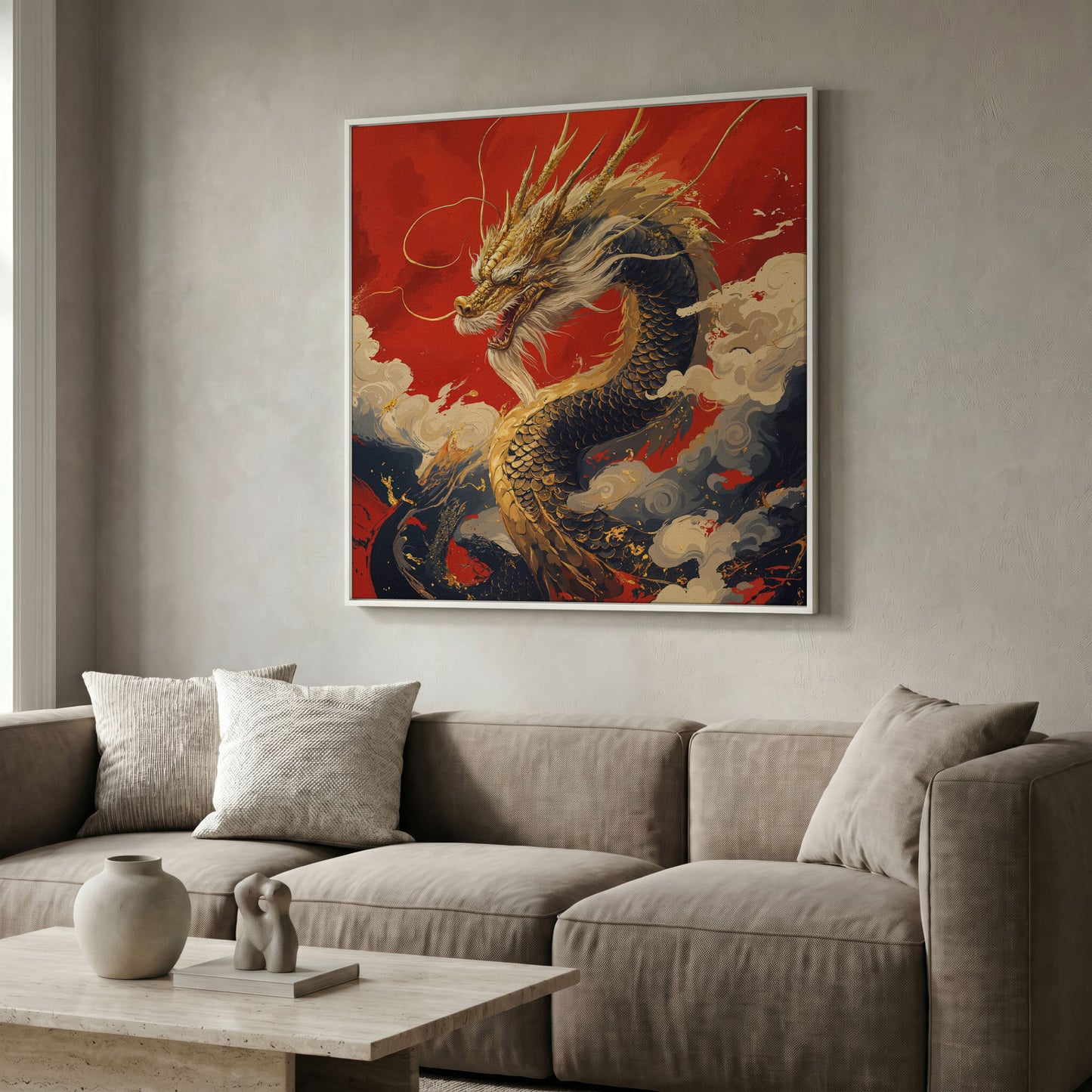Golden Dragon Canvas Print in white floating frame