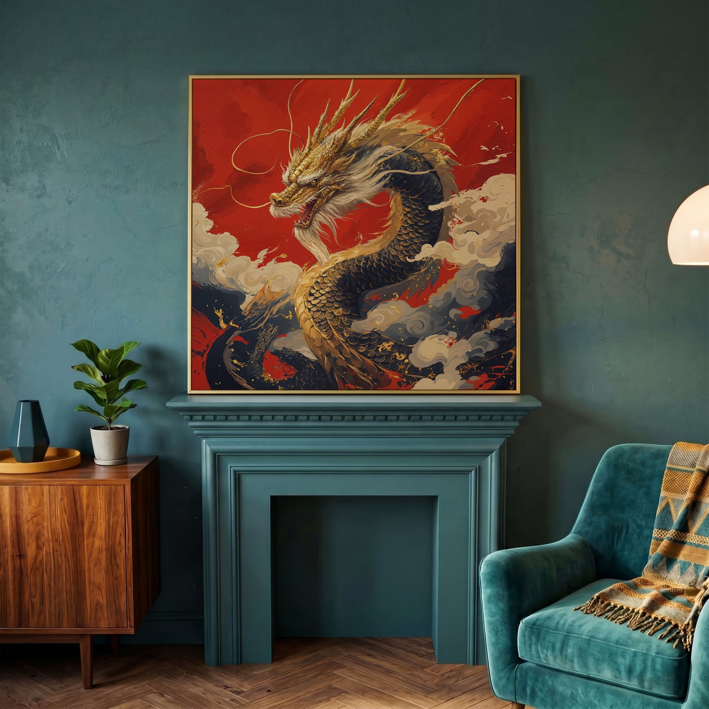 Golden Dragon Canvas Print in yellow gold floating frame