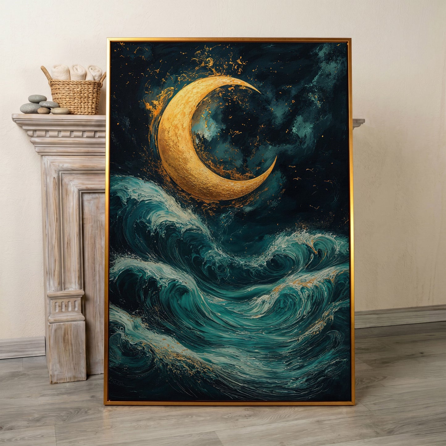 Crescent Moon Over Sea Waves Canvas in antique gold floating frame