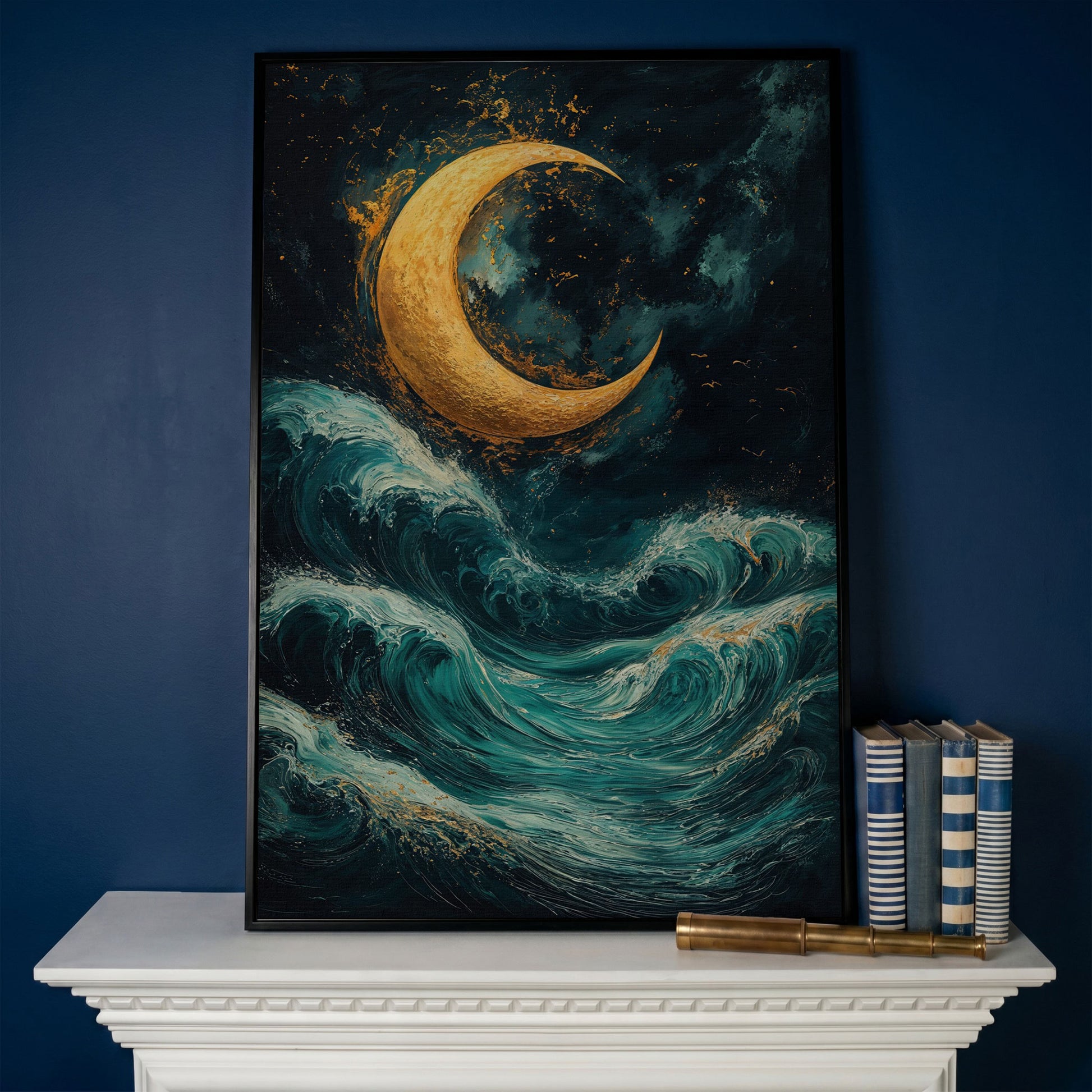 Crescent Moon Over Sea Waves Canvas in black floating frame