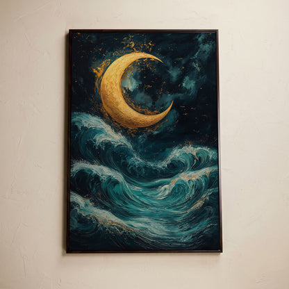 Crescent Moon Over Sea Waves Canvas in dark walnut floating frame