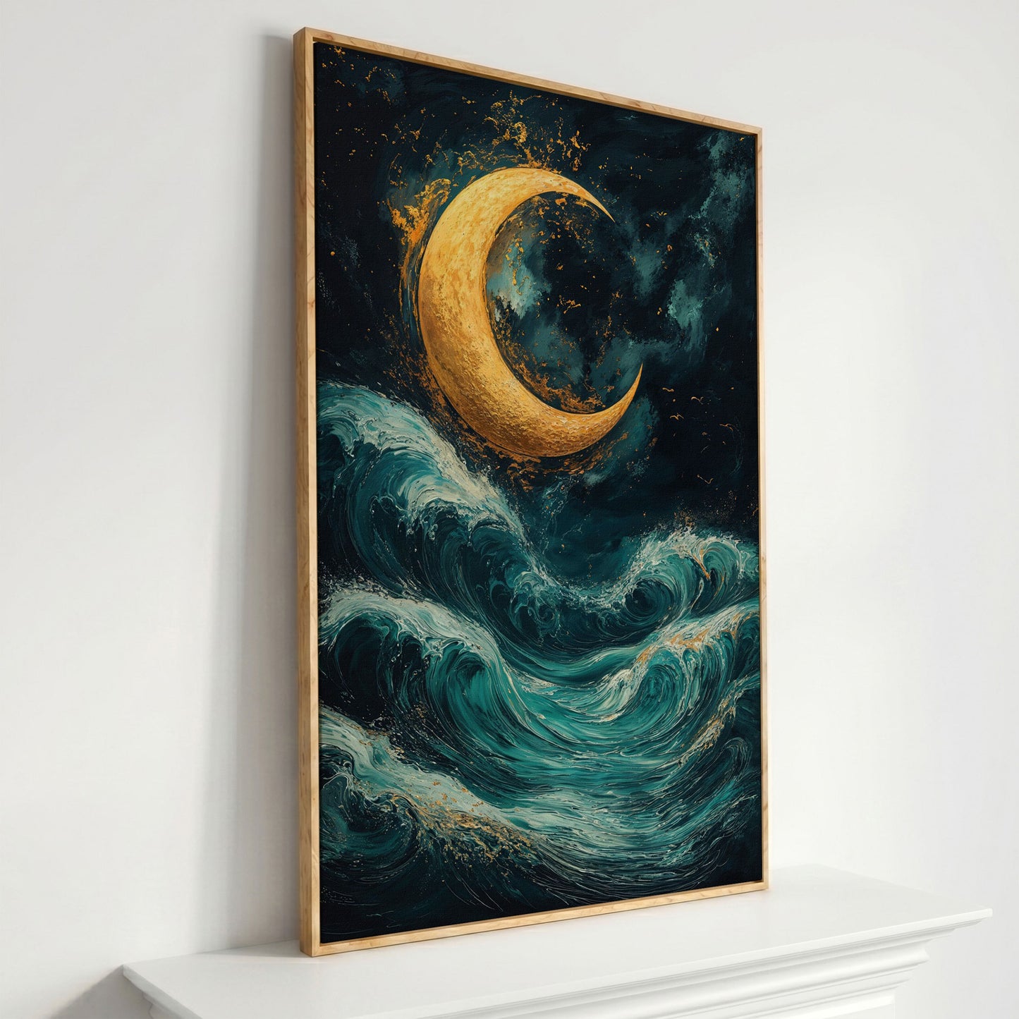 Crescent Moon Over Sea Waves Canvas in white oak floating frame
