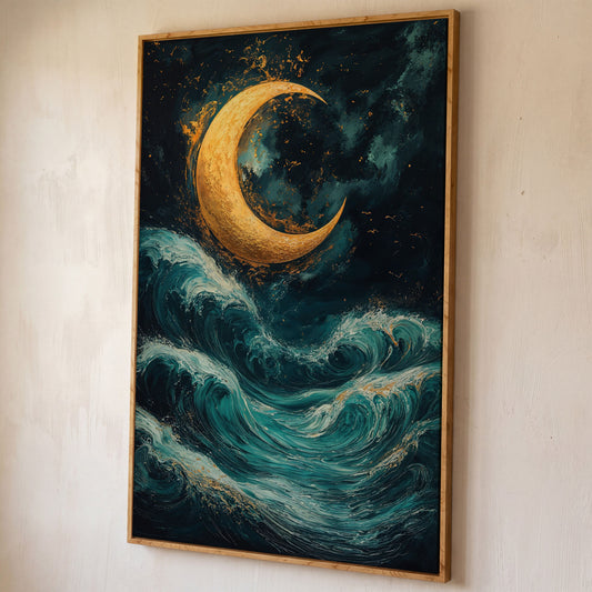 Crescent Moon Over Sea Waves Canvas shown in white oak floating frame