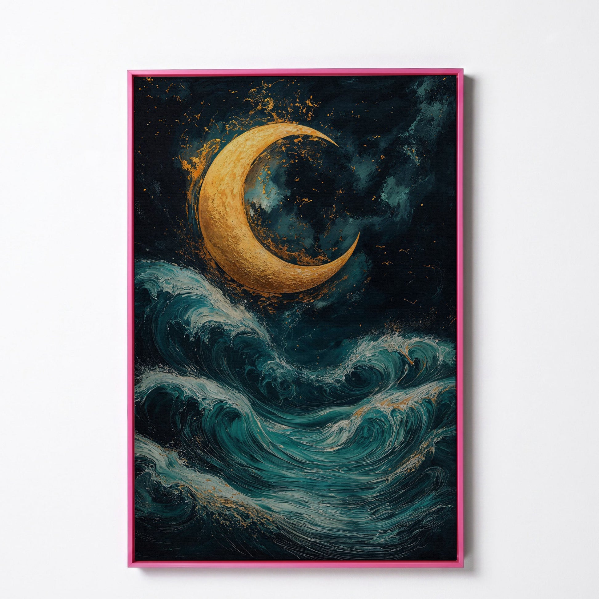 Crescent Moon Over Sea Waves Canvas in pink floating frame