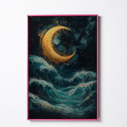 Crescent Moon Over Sea Waves Canvas in pink floating frame