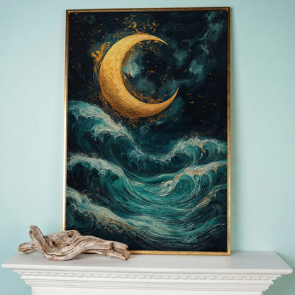 Crescent Moon Over Sea Waves Canvas in rose gold floating frame