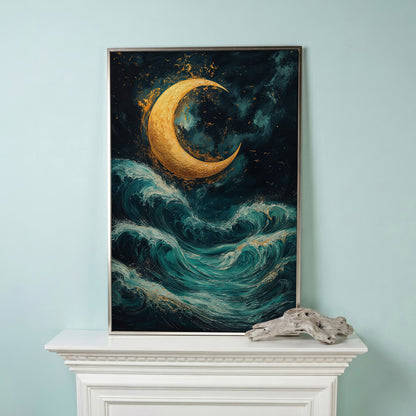 Crescent Moon Over Sea Waves Canvas in silver floating frame