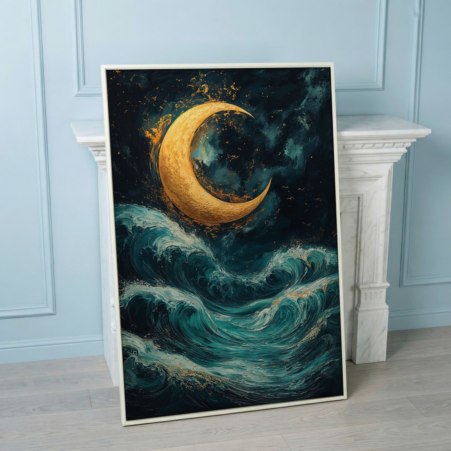Crescent Moon Over Sea Waves Canvas in white floating frame