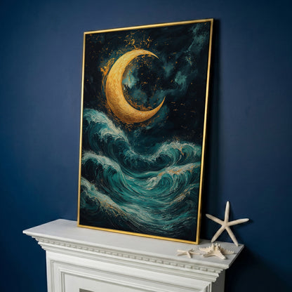 Crescent Moon Over Sea Waves Canvas in yellow gold floating frame