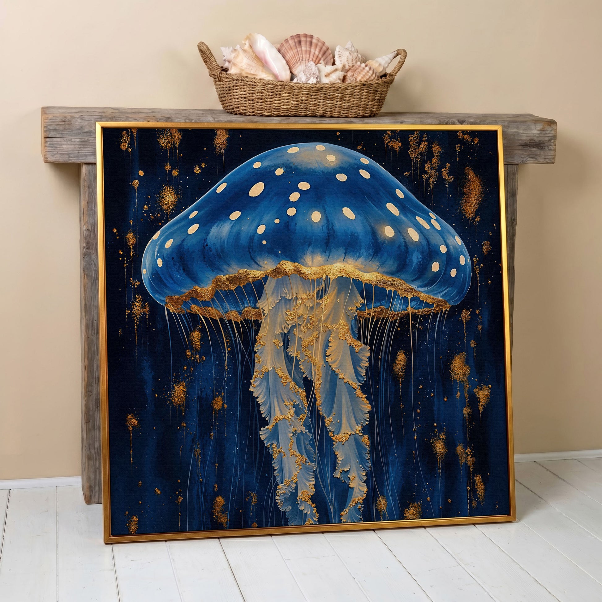 Jellyfish Abstract Canvas, Ocean Blue and Gold in antique gold floating frame