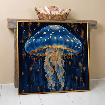 Jellyfish Abstract Canvas, Ocean Blue and Gold in antique gold floating frame