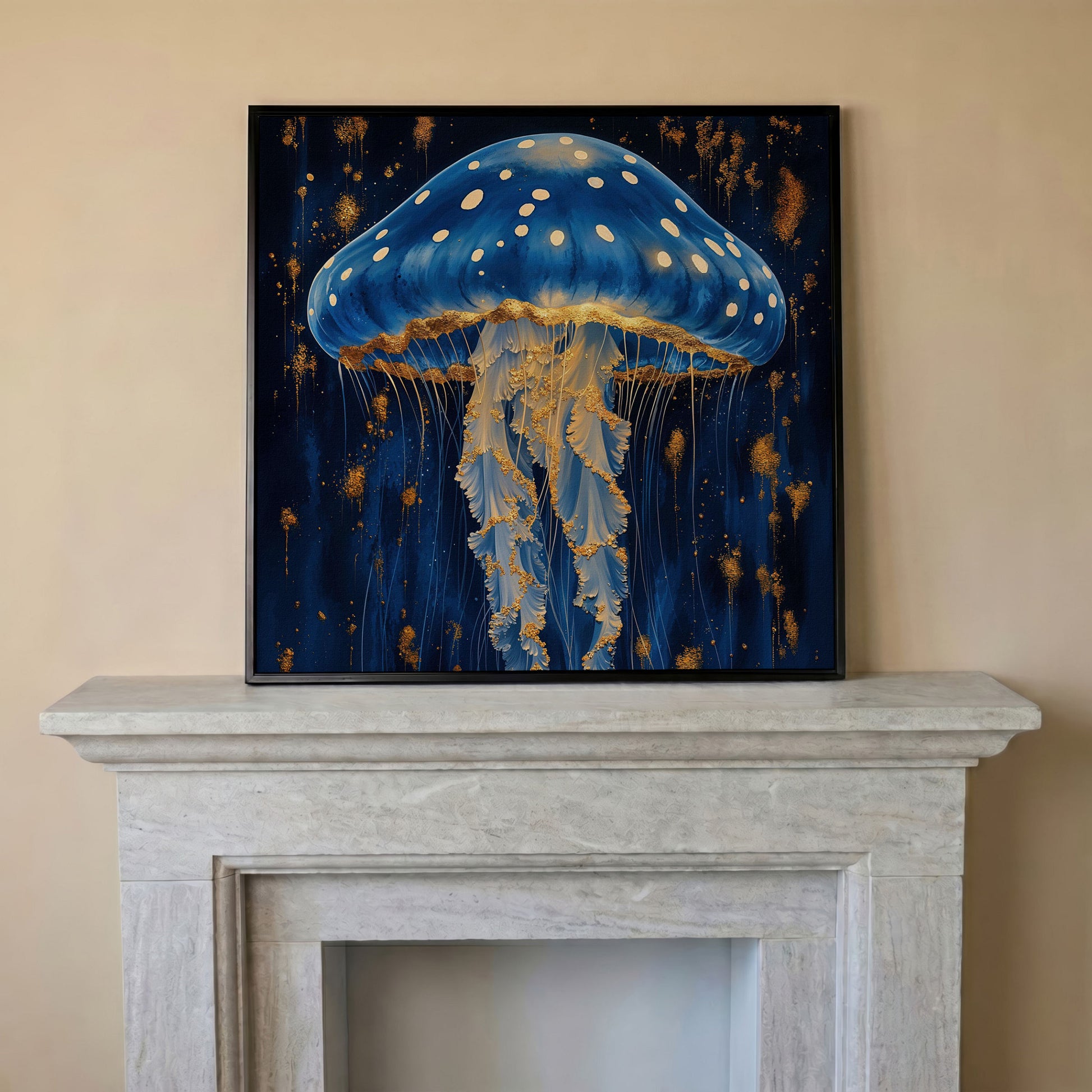 Jellyfish Abstract Canvas, Ocean Blue and Gold in black floating frame
