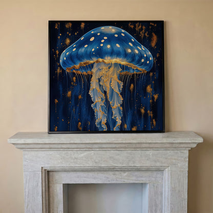 Jellyfish Abstract Canvas, Ocean Blue and Gold in black floating frame