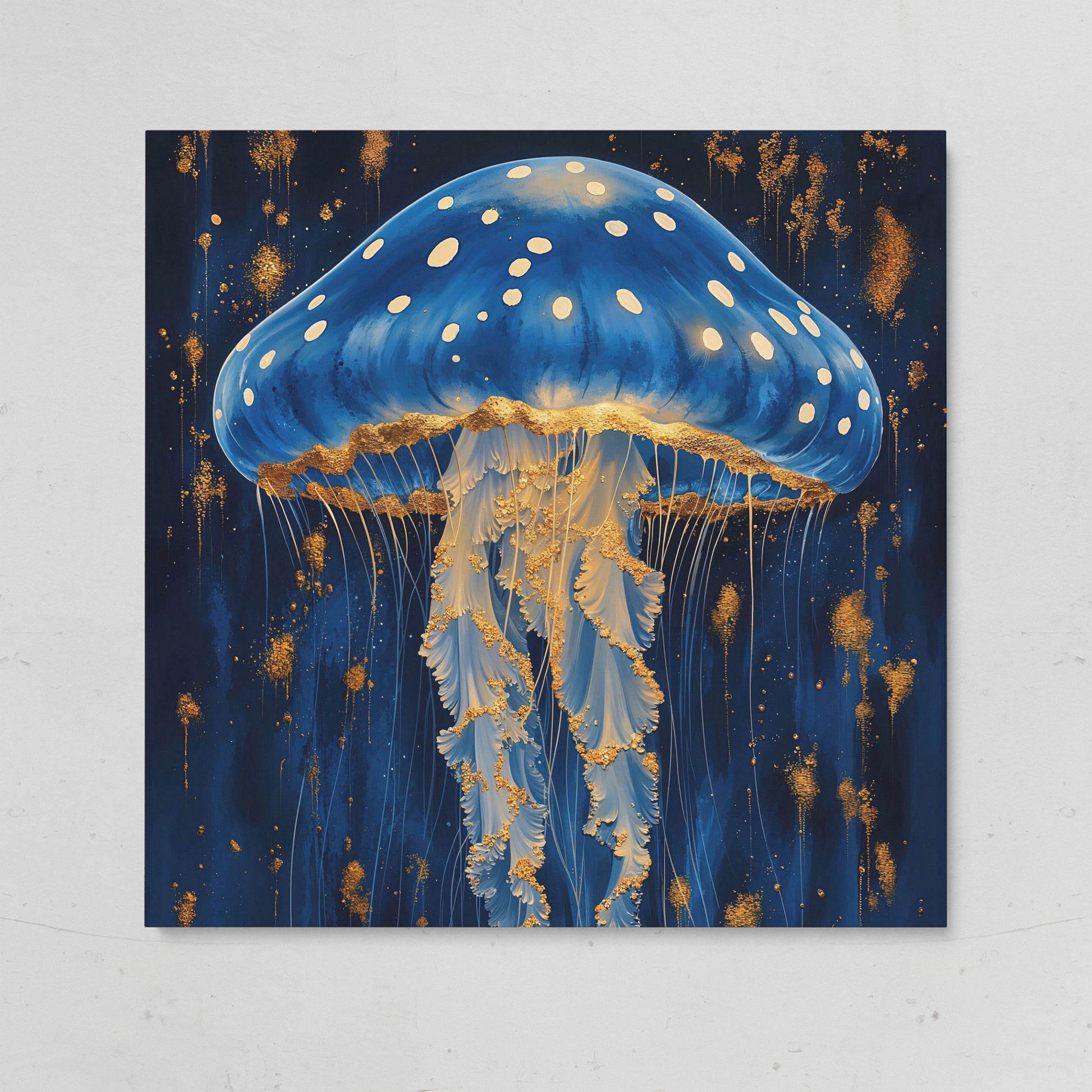 Jellyfish Abstract Canvas, Ocean Blue and Gold on gallery wrap