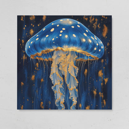 Jellyfish Abstract Canvas, Ocean Blue and Gold on gallery wrap
