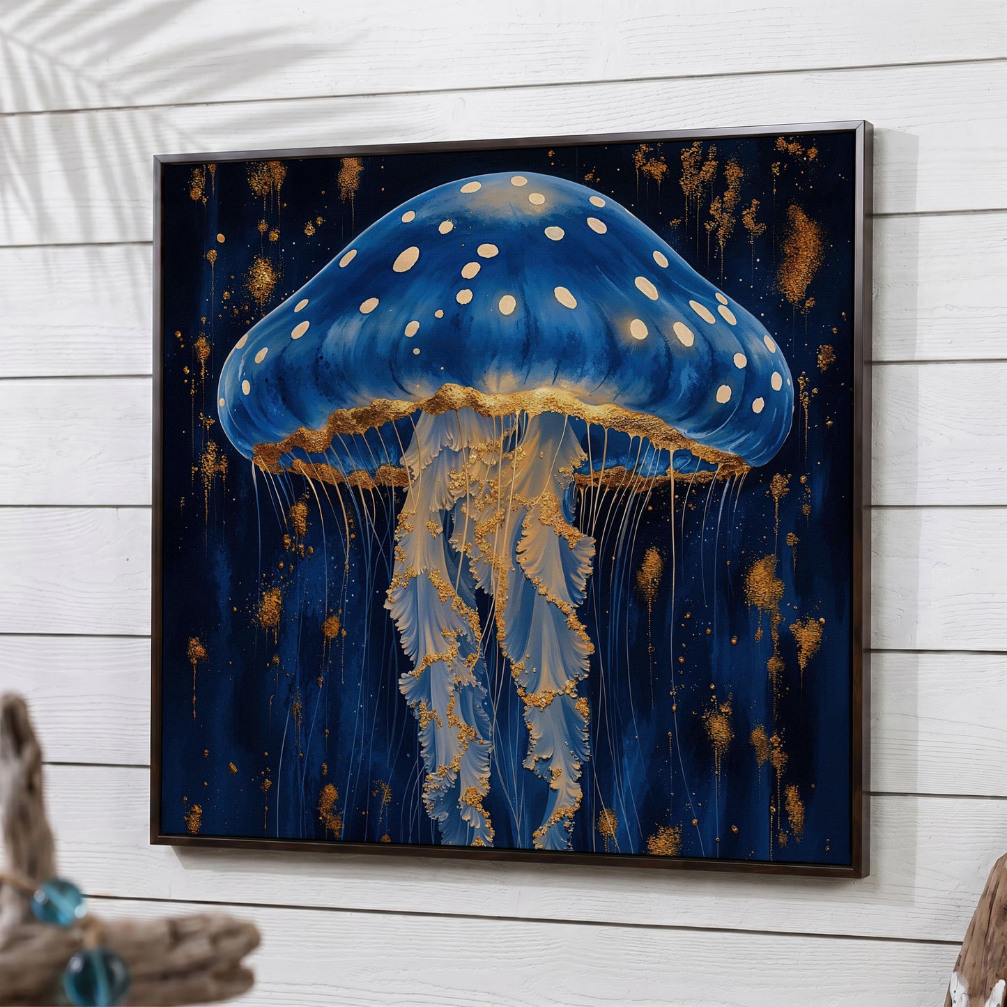 Jellyfish Abstract Canvas, Ocean Blue and Gold in dark walnut floating frame