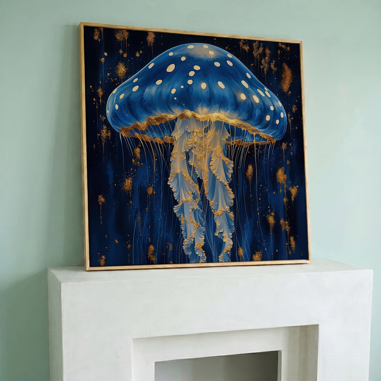 Jellyfish Abstract Canvas, Ocean Blue and Gold in white oak floating frame
