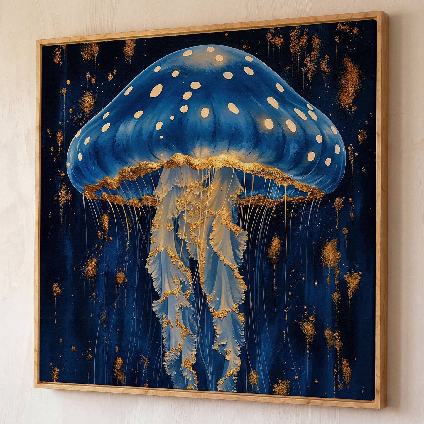 Jellyfish Abstract Canvas, Ocean Blue and Gold shown in white oak floating frame