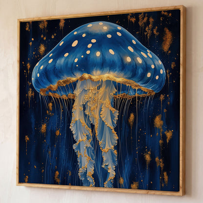 Jellyfish Abstract Canvas, Ocean Blue and Gold shown in white oak floating frame