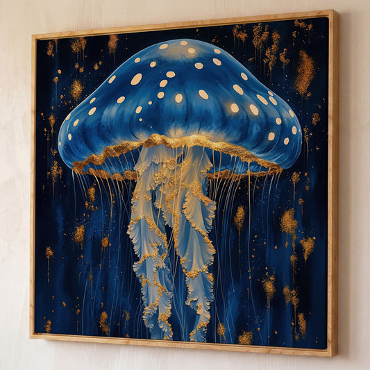 Jellyfish Abstract Canvas, Ocean Blue and Gold shown in white oak floating frame