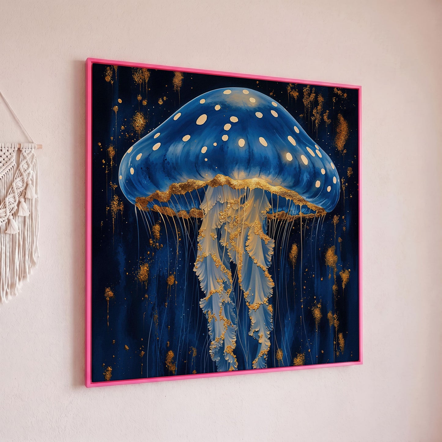 Jellyfish Abstract Canvas, Ocean Blue and Gold in pink floating frame