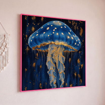 Jellyfish Abstract Canvas, Ocean Blue and Gold in pink floating frame