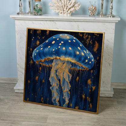 Jellyfish Abstract Canvas, Ocean Blue and Gold in rose gold floating frame