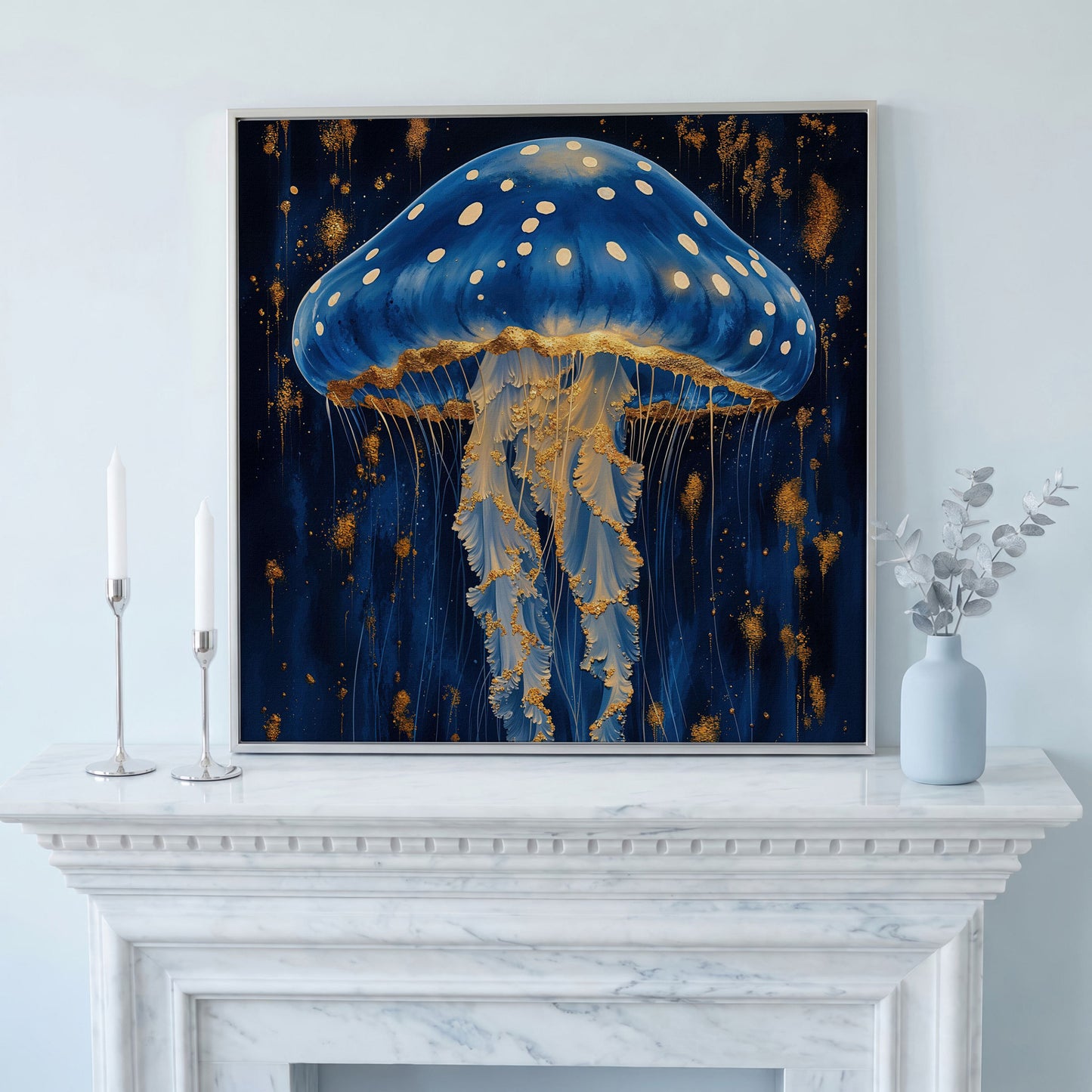 Jellyfish Abstract Canvas, Ocean Blue and Gold in silver floating frame