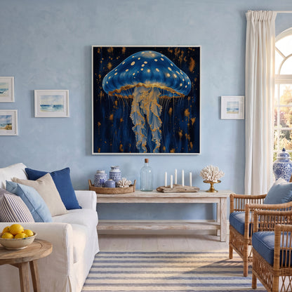 Jellyfish Abstract Canvas, Ocean Blue and Gold in white floating frame