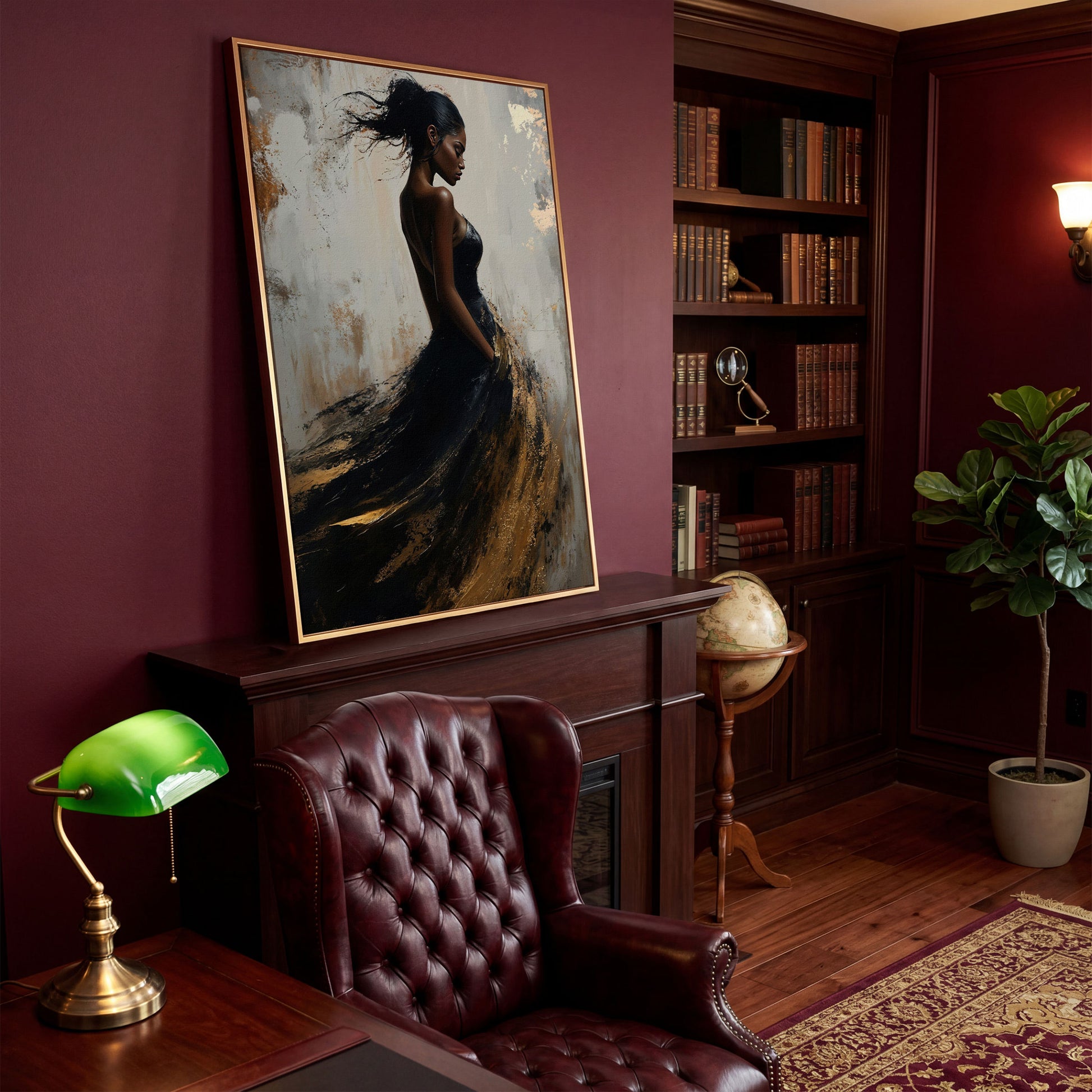 Woman in Black and Gold Dress Canvas in antique gold floating frame