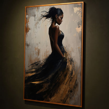 Woman in Black and Gold Dress Canvas shown in antique gold floating frame