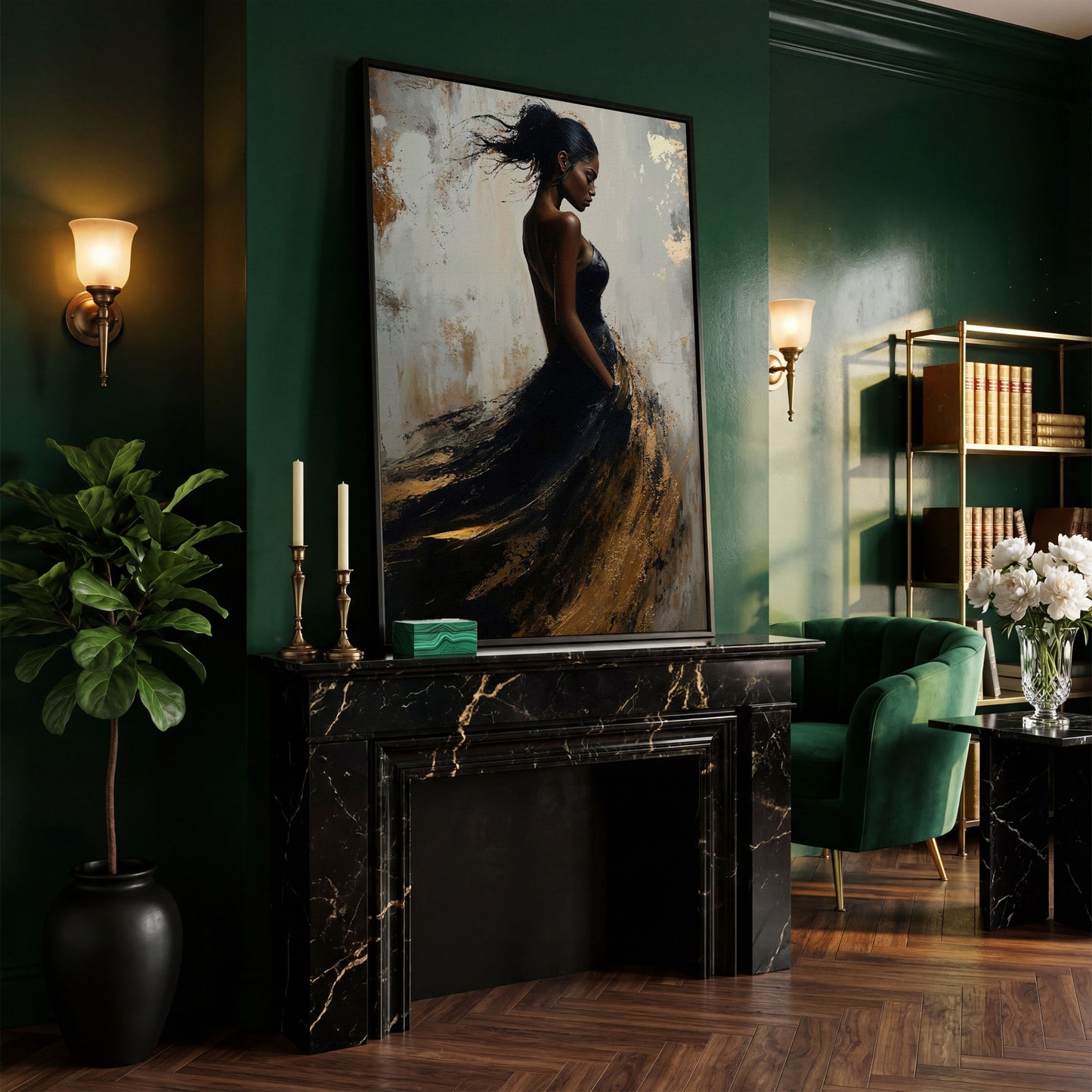 Woman in Black and Gold Dress Canvas in black floating frame
