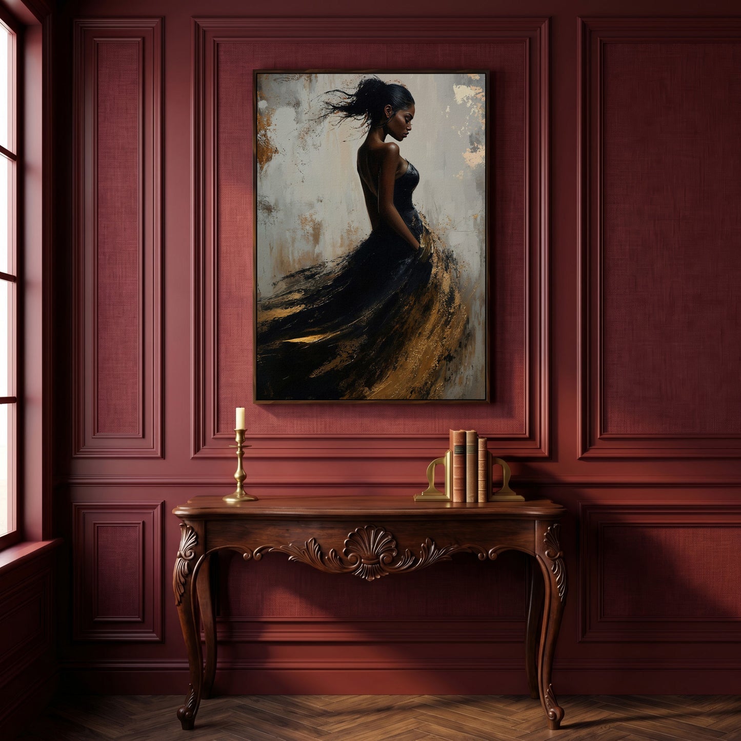 Woman in Black and Gold Dress Canvas in dark walnut floating frame