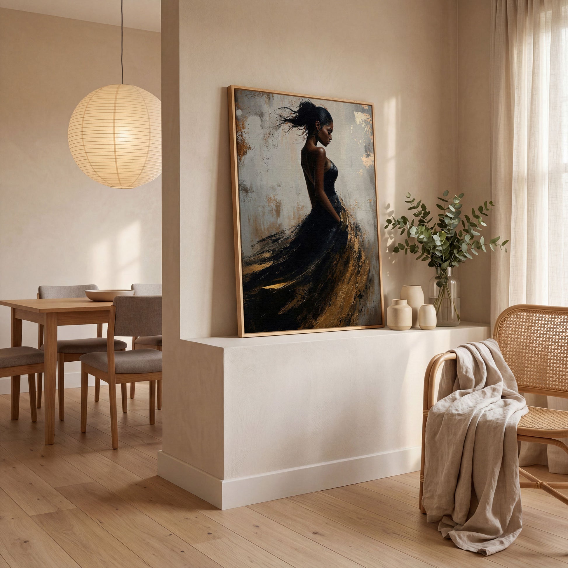 Woman in Black and Gold Dress Canvas in white oak floating frame