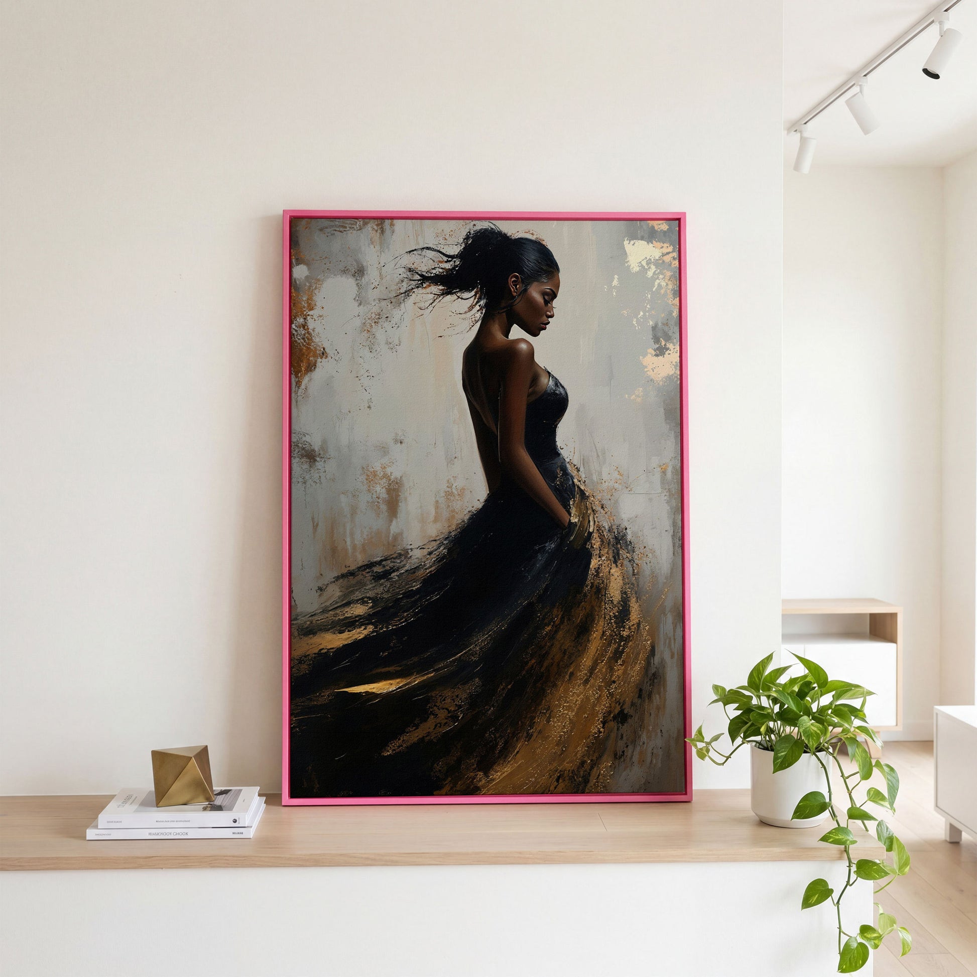 Woman in Black and Gold Dress Canvas in pink floating frame