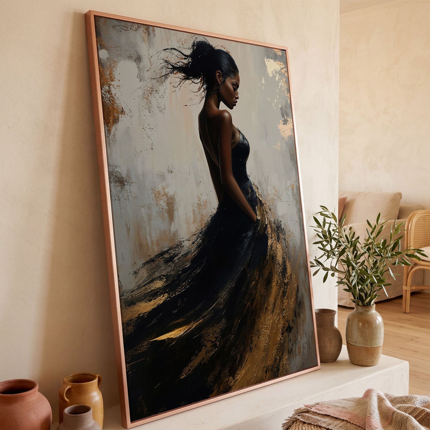 Woman in Black and Gold Dress Canvas in rose gold floating frame