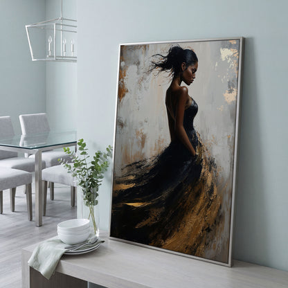 Woman in Black and Gold Dress Canvas in silver floating frame