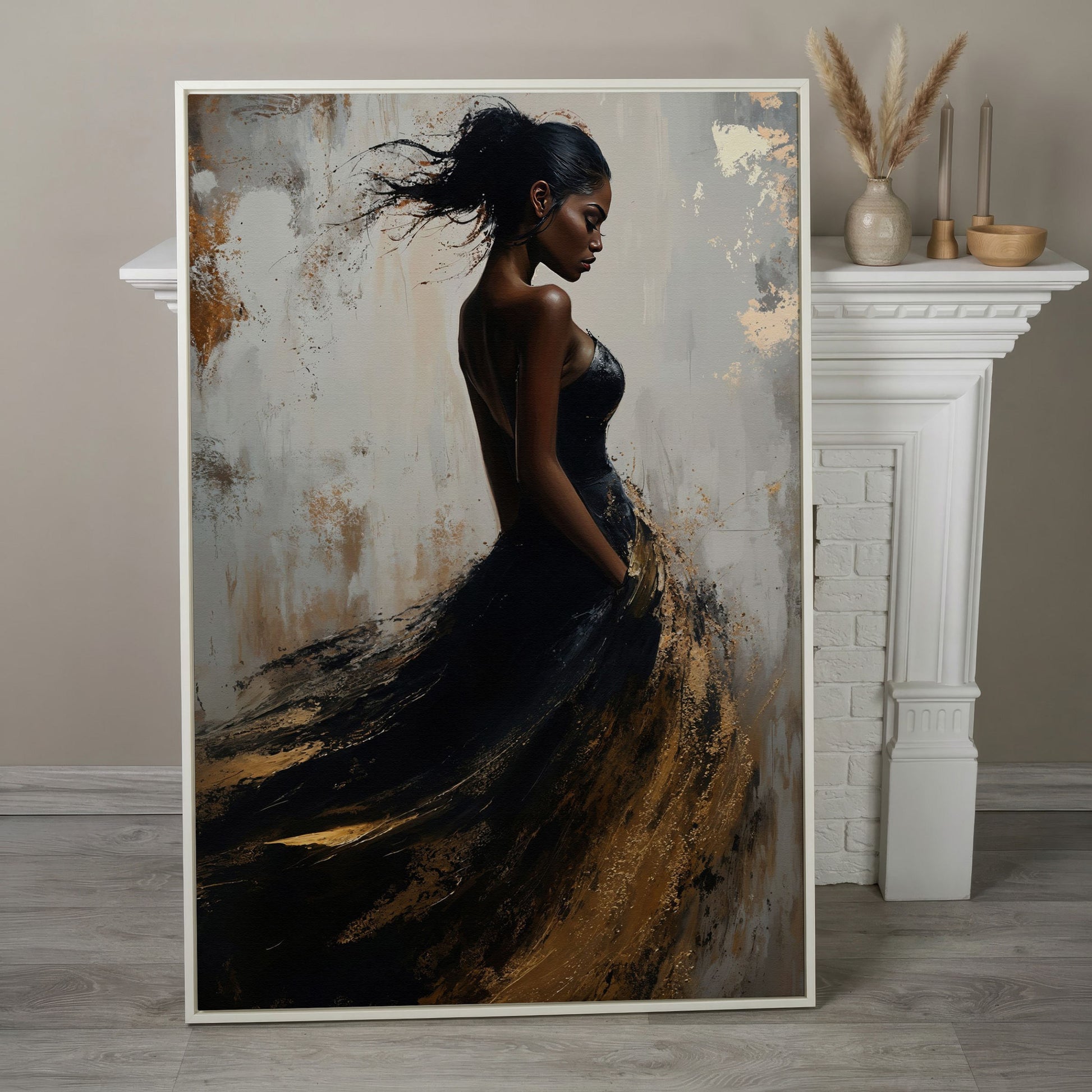 Woman in Black and Gold Dress Canvas in white floating frame