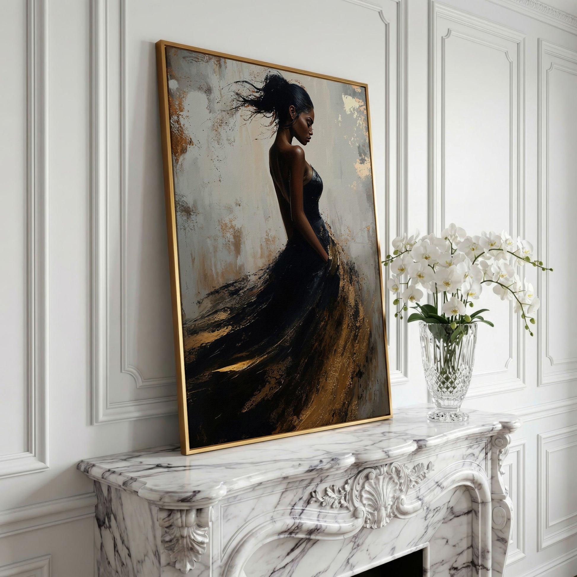 Woman in Black and Gold Dress Canvas in yellow gold floating frame