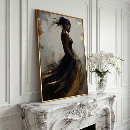 Woman in Black and Gold Dress Canvas in yellow gold floating frame