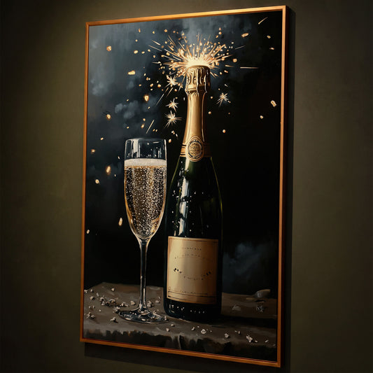 Festive Sparkling Wine Canvas Print shown in antique gold floating frame