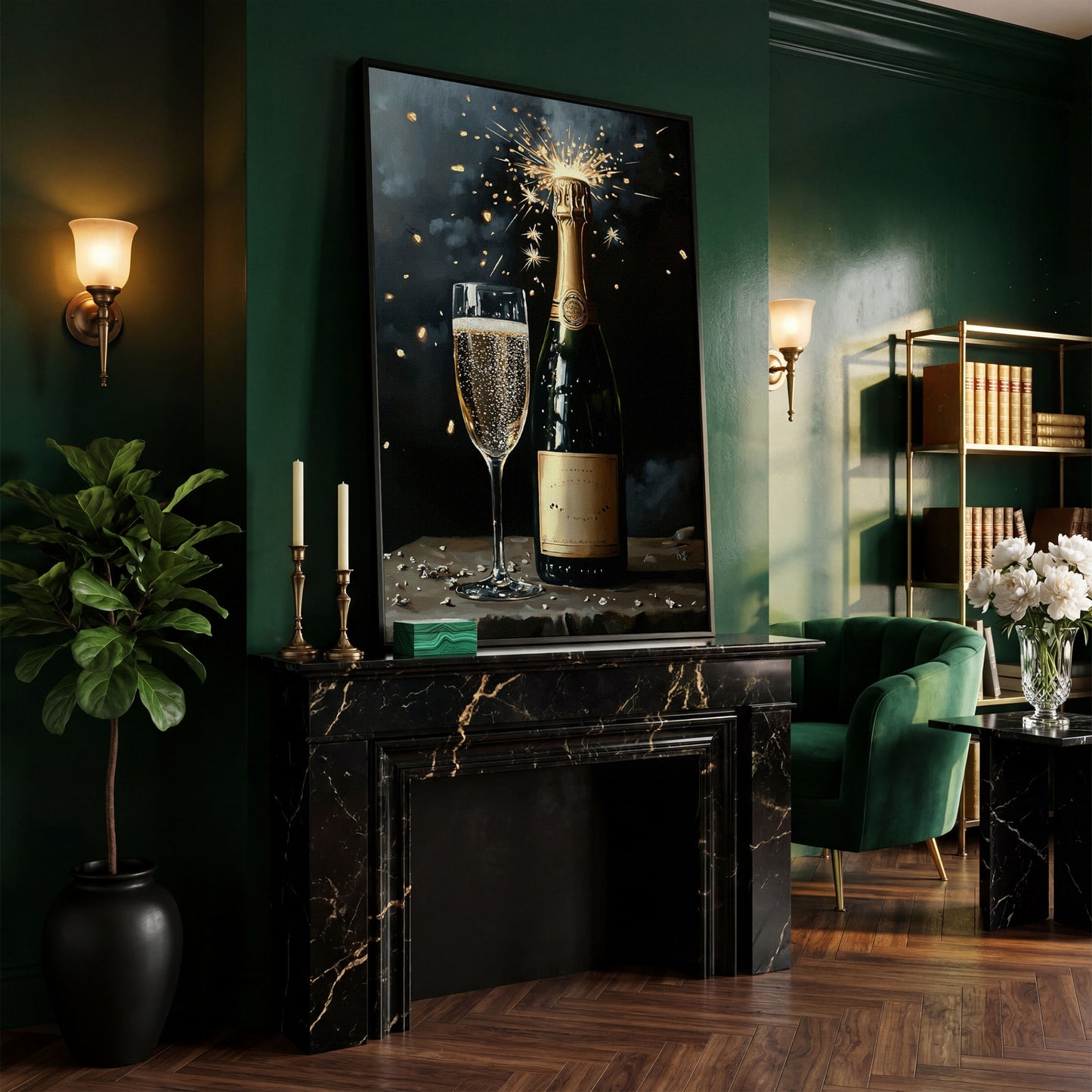 Festive Sparkling Wine Canvas Print in black floating frame