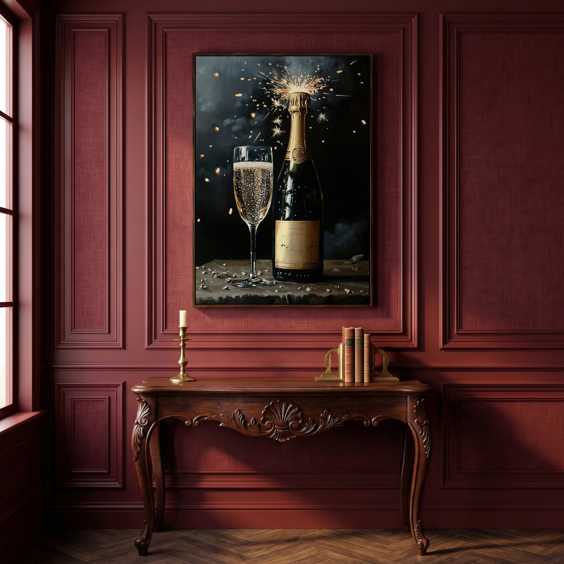 Festive Sparkling Wine Canvas Print in dark walnut floating frame