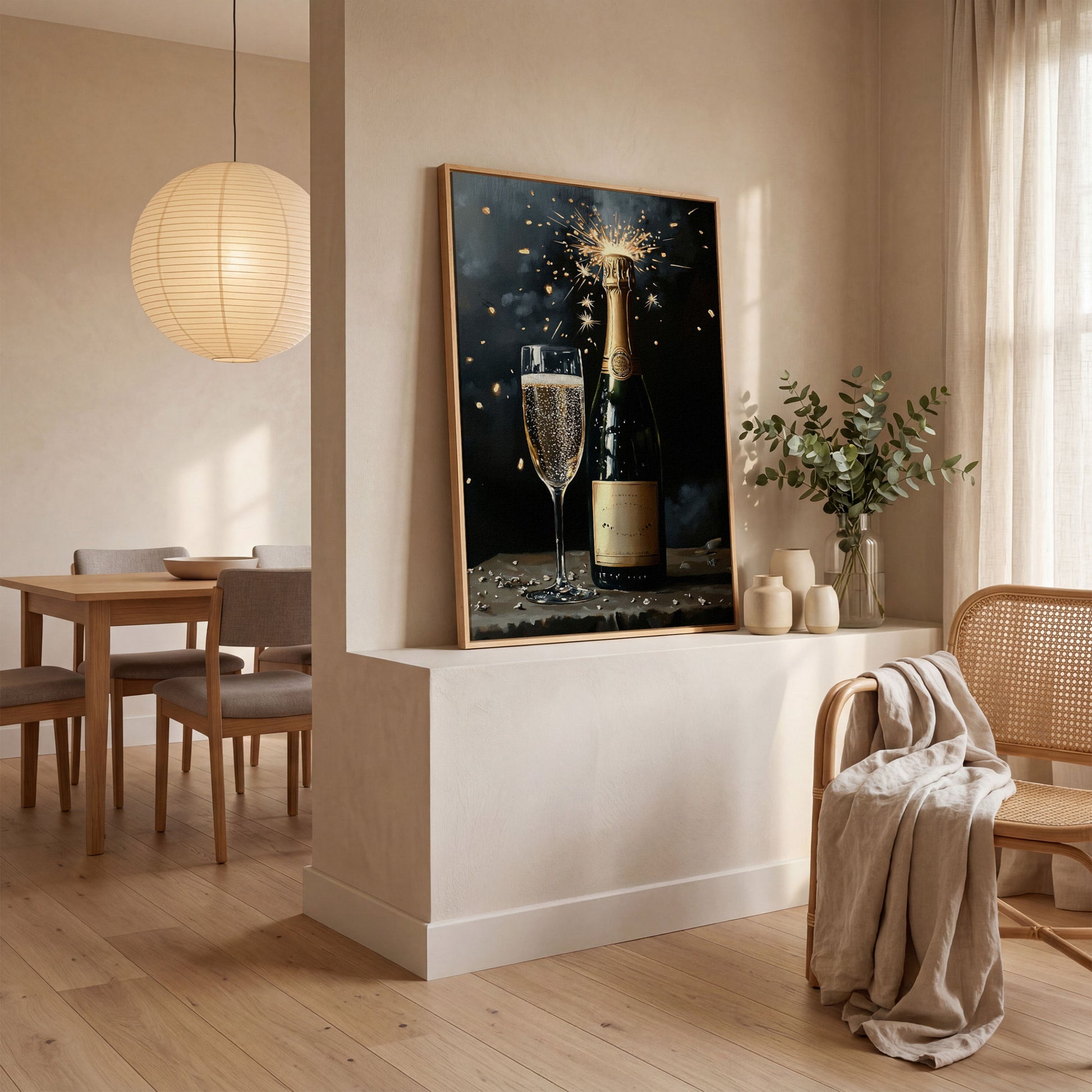 Festive Sparkling Wine Canvas Print in white oak floating frame