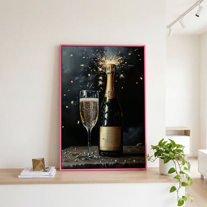 Festive Sparkling Wine Canvas Print in pink floating frame
