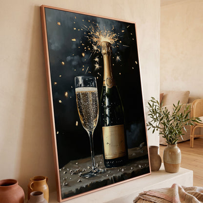 Festive Sparkling Wine Canvas Print in rose gold floating frame