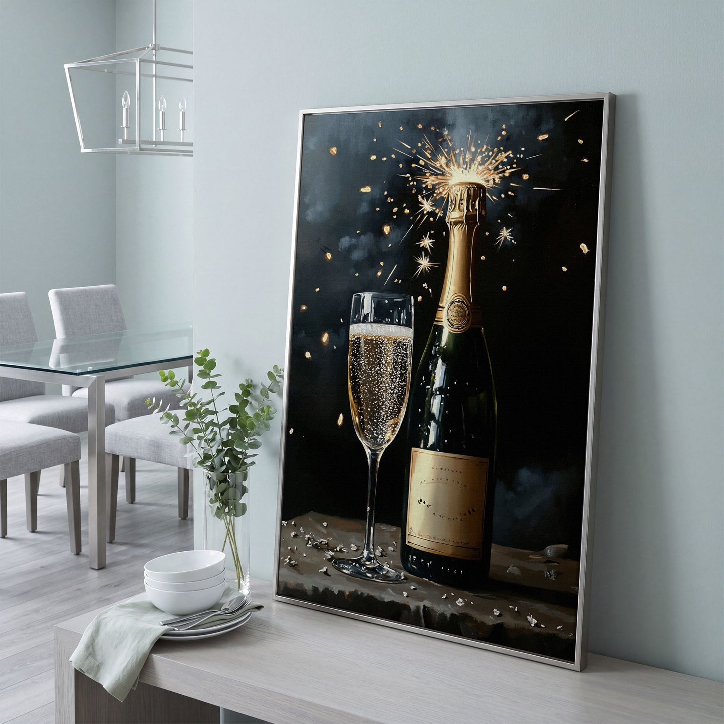 Festive Sparkling Wine Canvas Print in silver floating frame