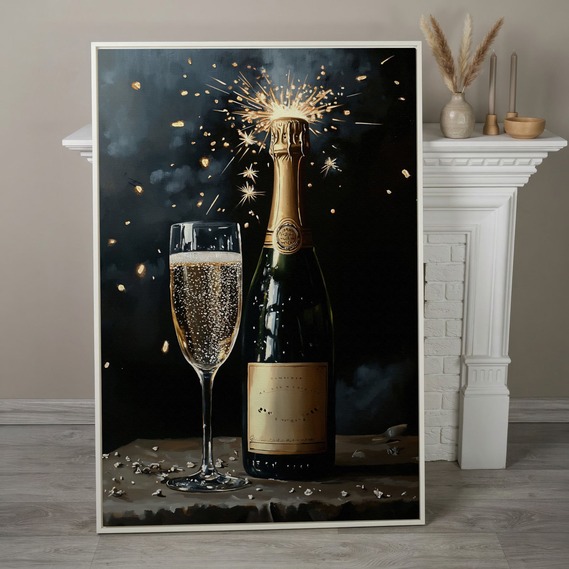 Festive Sparkling Wine Canvas Print in white floating frame