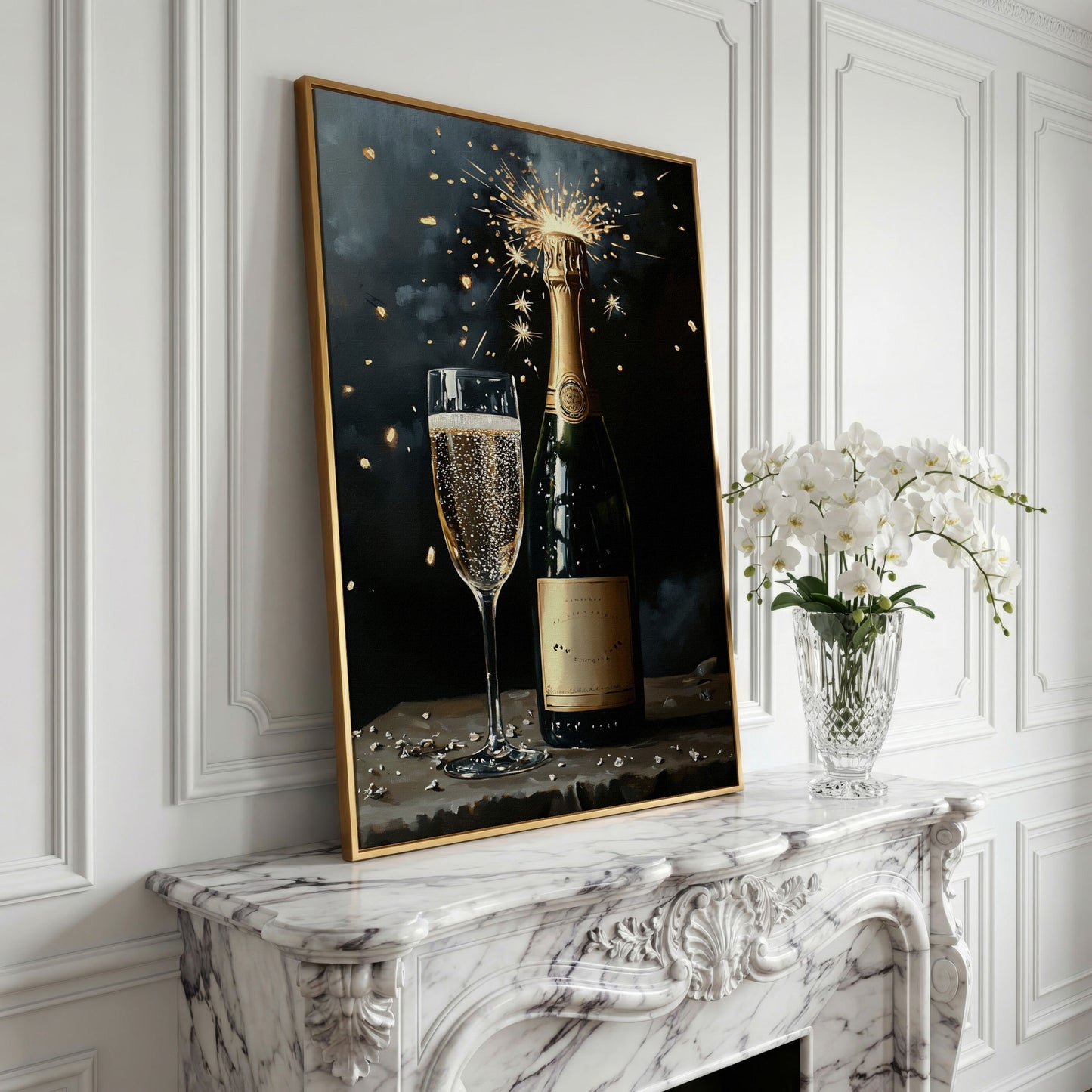 Festive Sparkling Wine Canvas Print in yellow gold floating frame