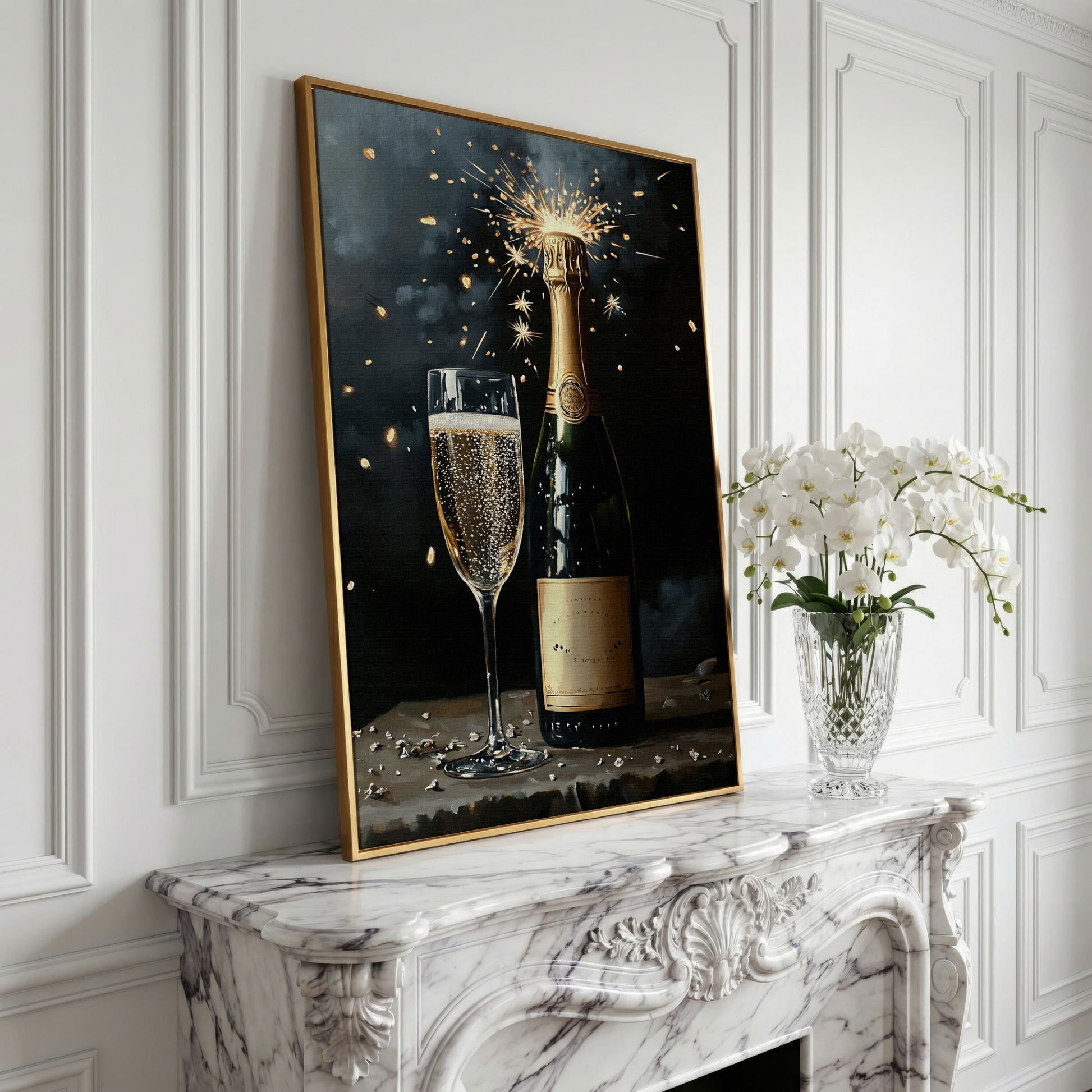 Festive Sparkling Wine Canvas Print in yellow gold floating frame